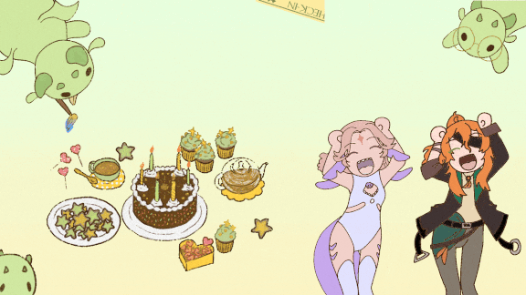 Collage of various gifs that Sunny has done: painting dragoblin, reading dragoblin, birthday cake with lit candles, dragoblins eating, Shelly dancing, Percy dancing.