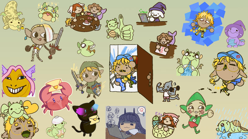 A collage of various doodles Sunny has done during streams with viewers, for thumbnails and for other streamers.