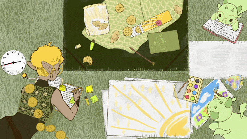 Overlay with 2 animated dragoblins and a gifTuber. Sunny is facing their back at the viewer while writing when they are not speaking. A dragoblins is painting a beautiful landscape and another is reading with their cute glasses.