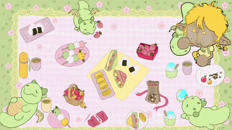 Animated overlay with 2 animated dragoblins and a gifTuber. Sunny and 4 dragoblins are habing a picnic outside on a pink hanami blanket.