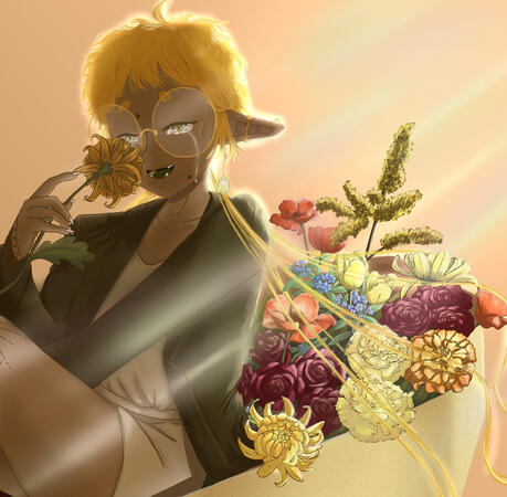 A goblin person with long ears is sitting in a coffin filled with flowers. They are staring at a chrysanthemum while crying and does not notice the beautiful rays of sunshine glowing at their back.