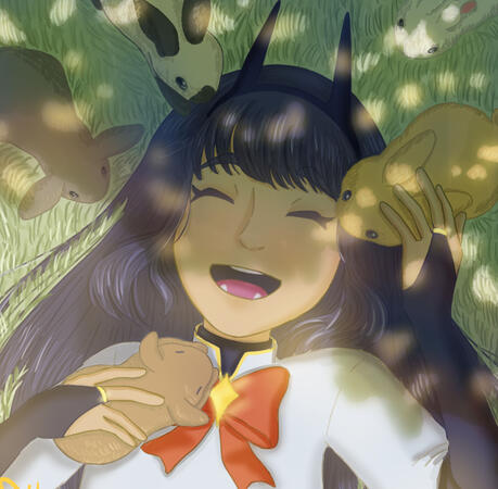 Sehtutu is laying down on the grass under the shadow of a tree. They are surrounded by rabbit that all want to give them hugs and kisses.